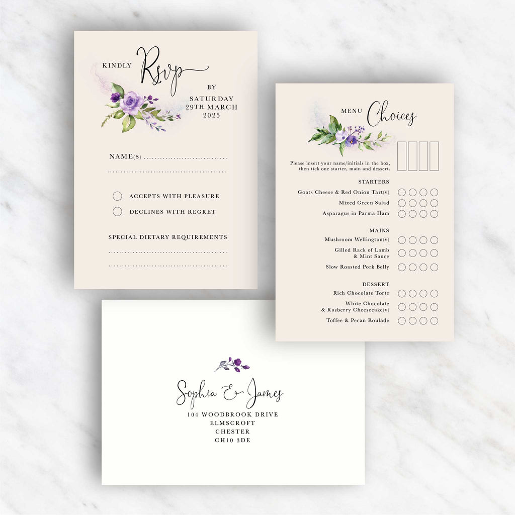 Purple Floral Foliage RSVP menu card