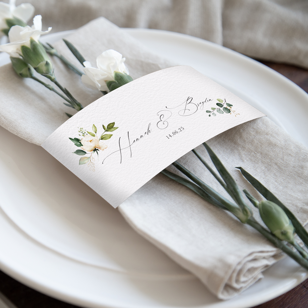 White Floral Evergreen Napkin bands