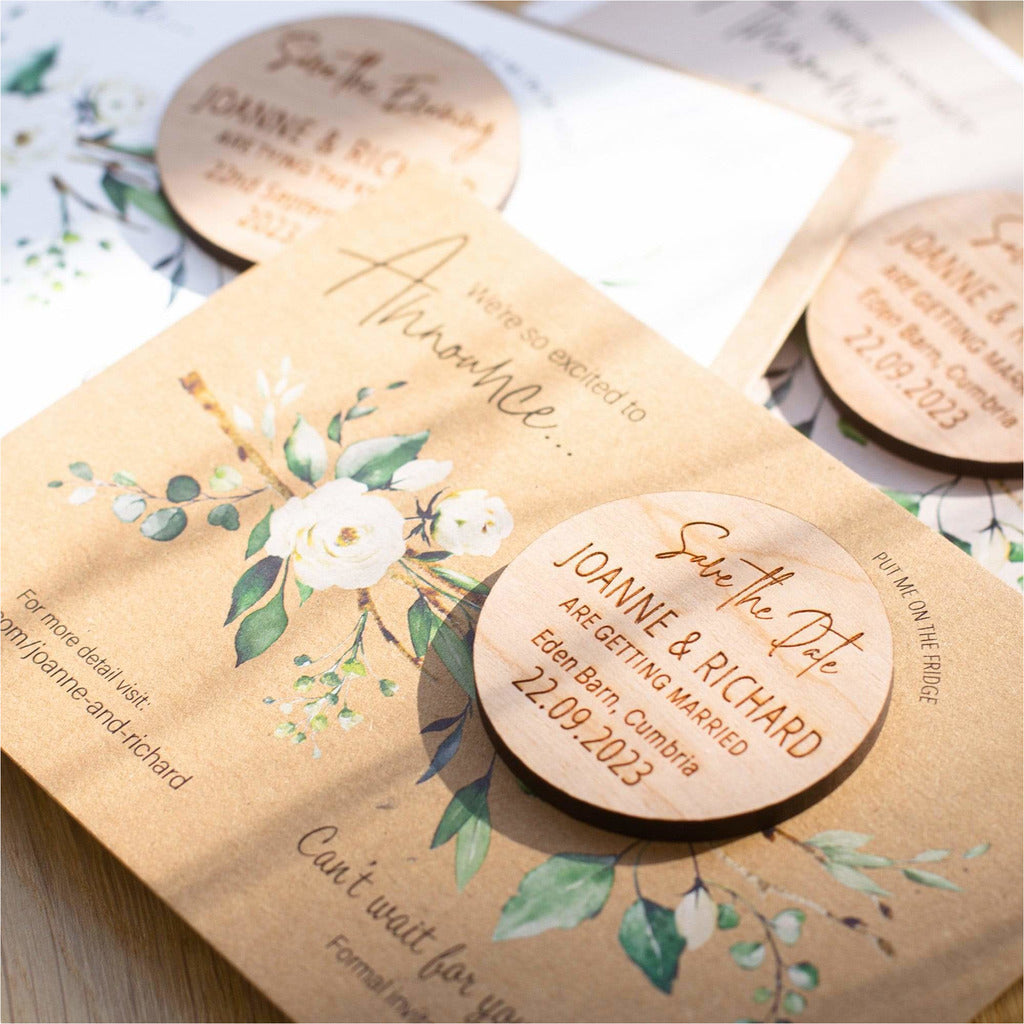 Rustic Round Wood Save The Date Magnets With Custom Cards NIVI Design