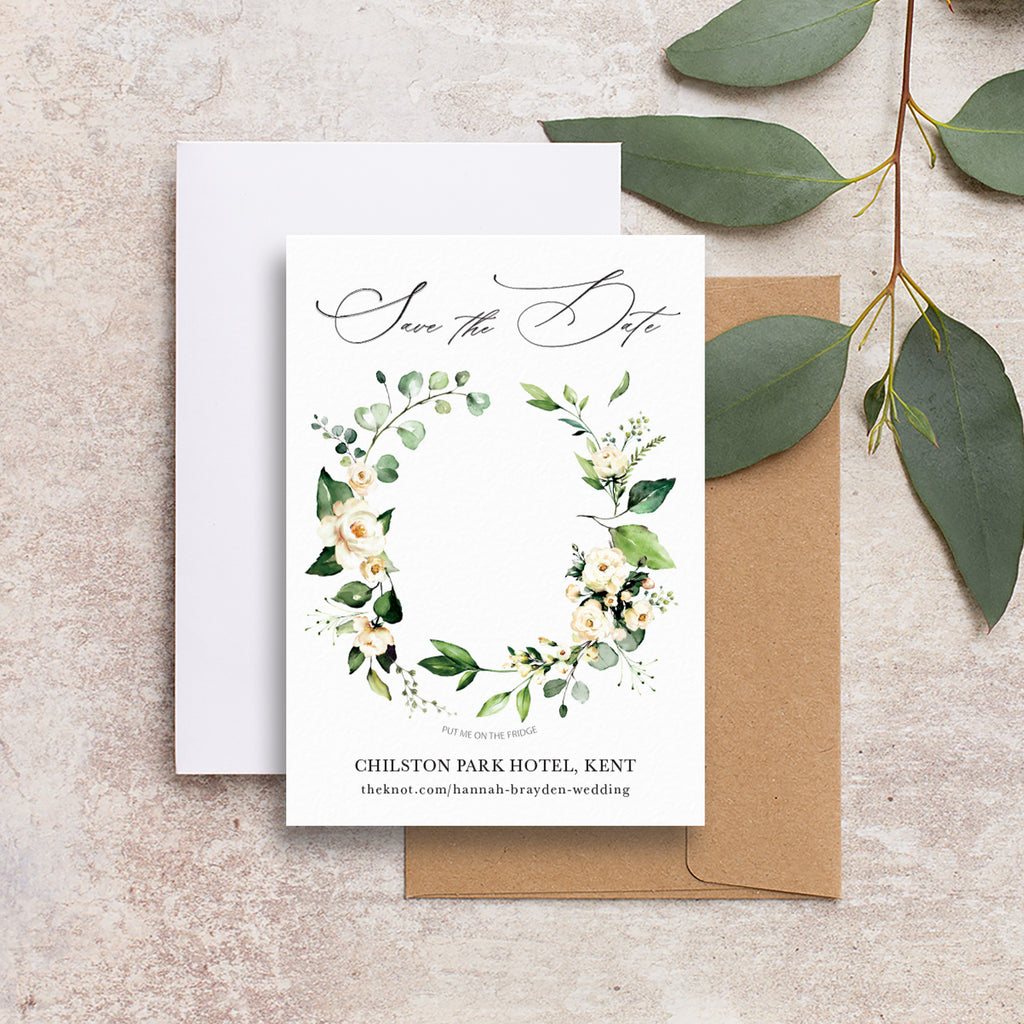 White flower evergreen save the date backing cards WTFLR101