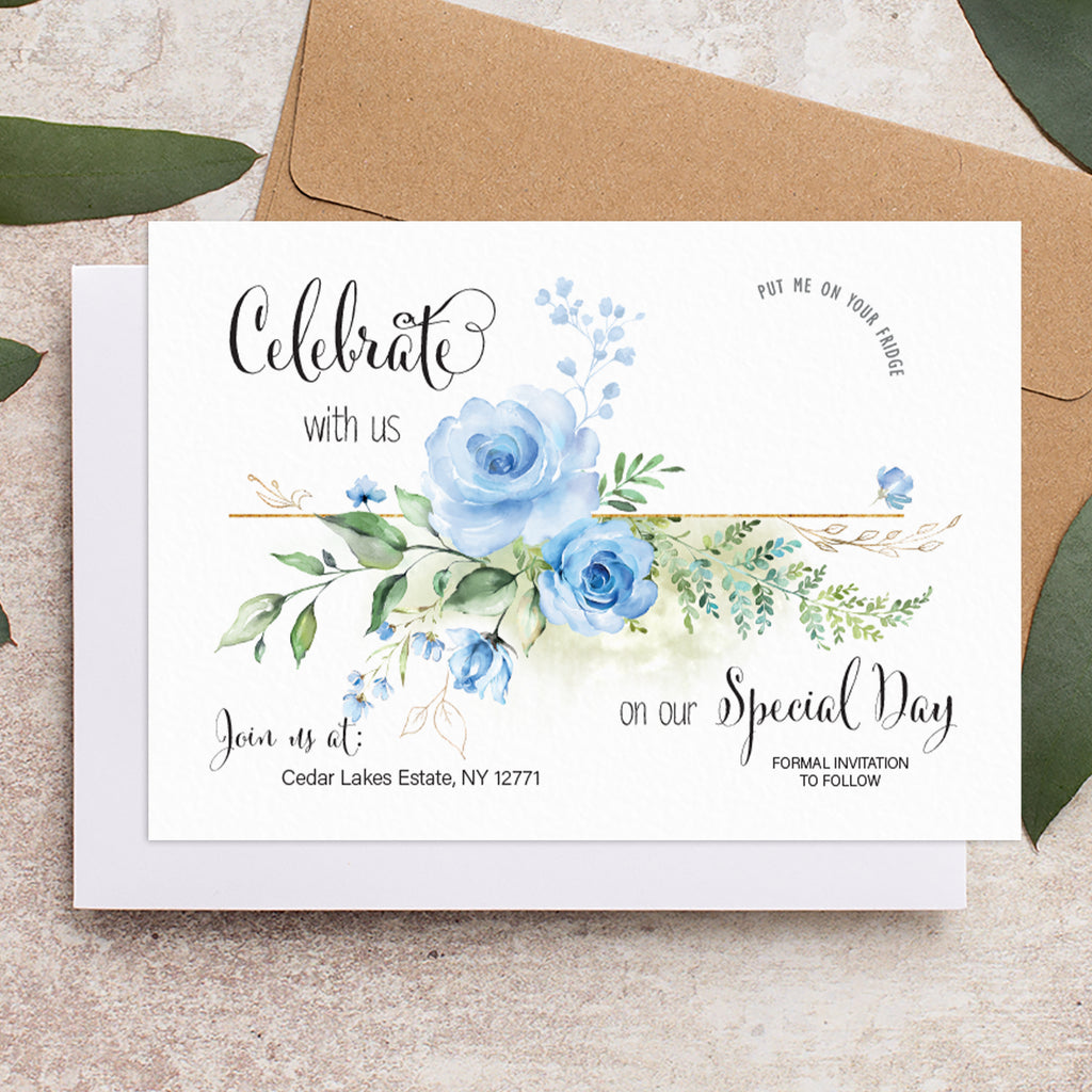 Blue floral save the date backing card Botanical Blue