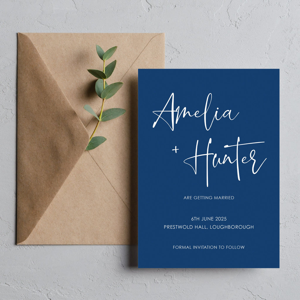 Blue script save the date card Amelia