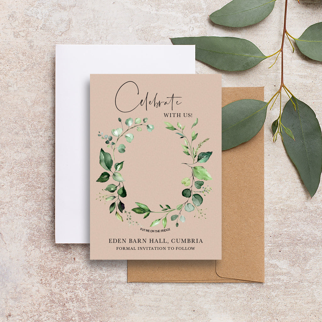 Evergreen save the date backing cards