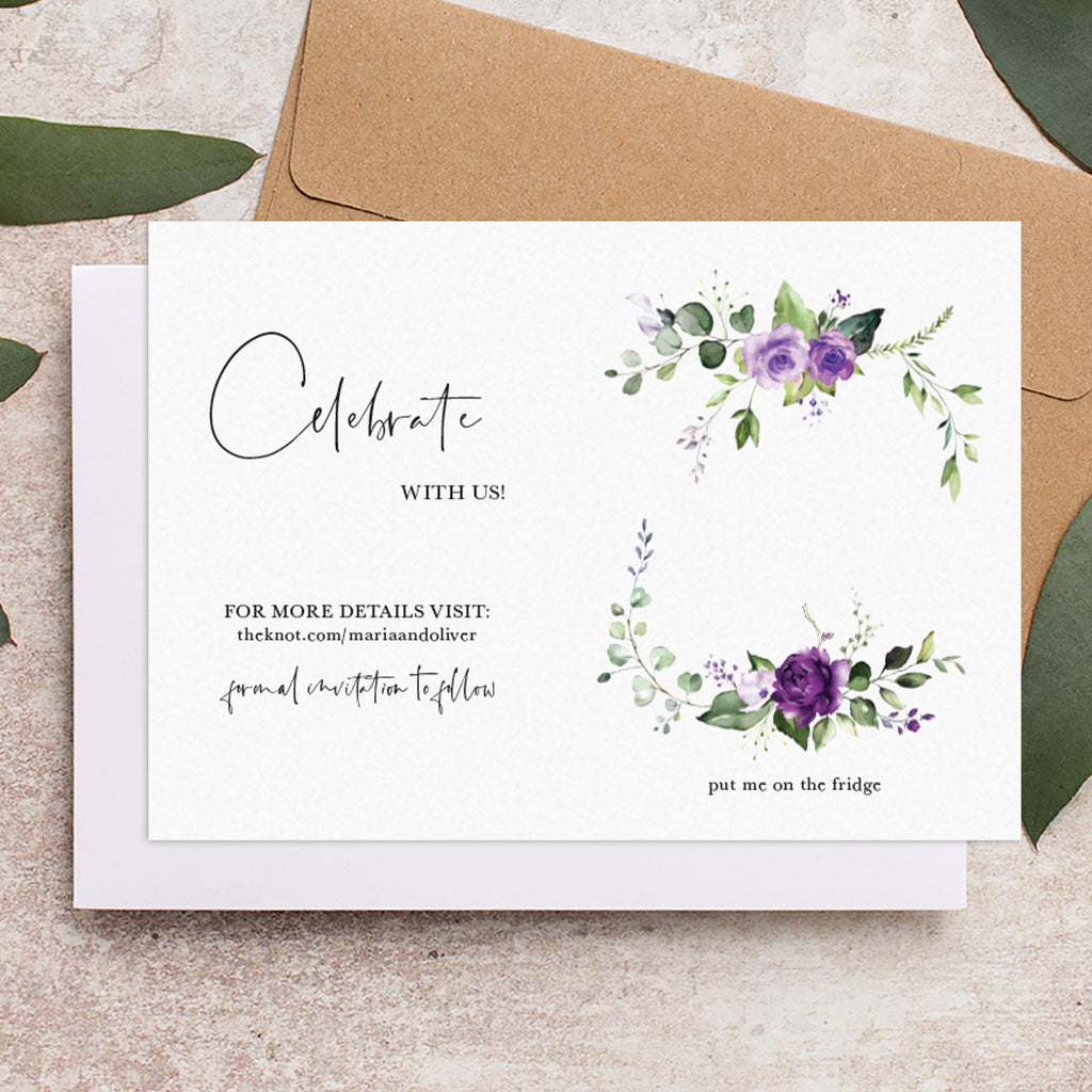 Purple floral evergreen save the date backing card Purple Floral Foliage