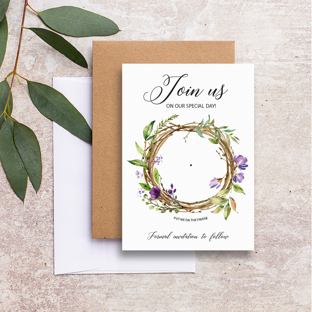 Purple wreath save the date backing cards PFWR101a