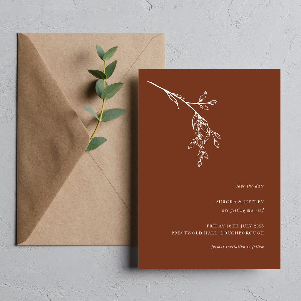Brown leafy save the date cards Aurora
