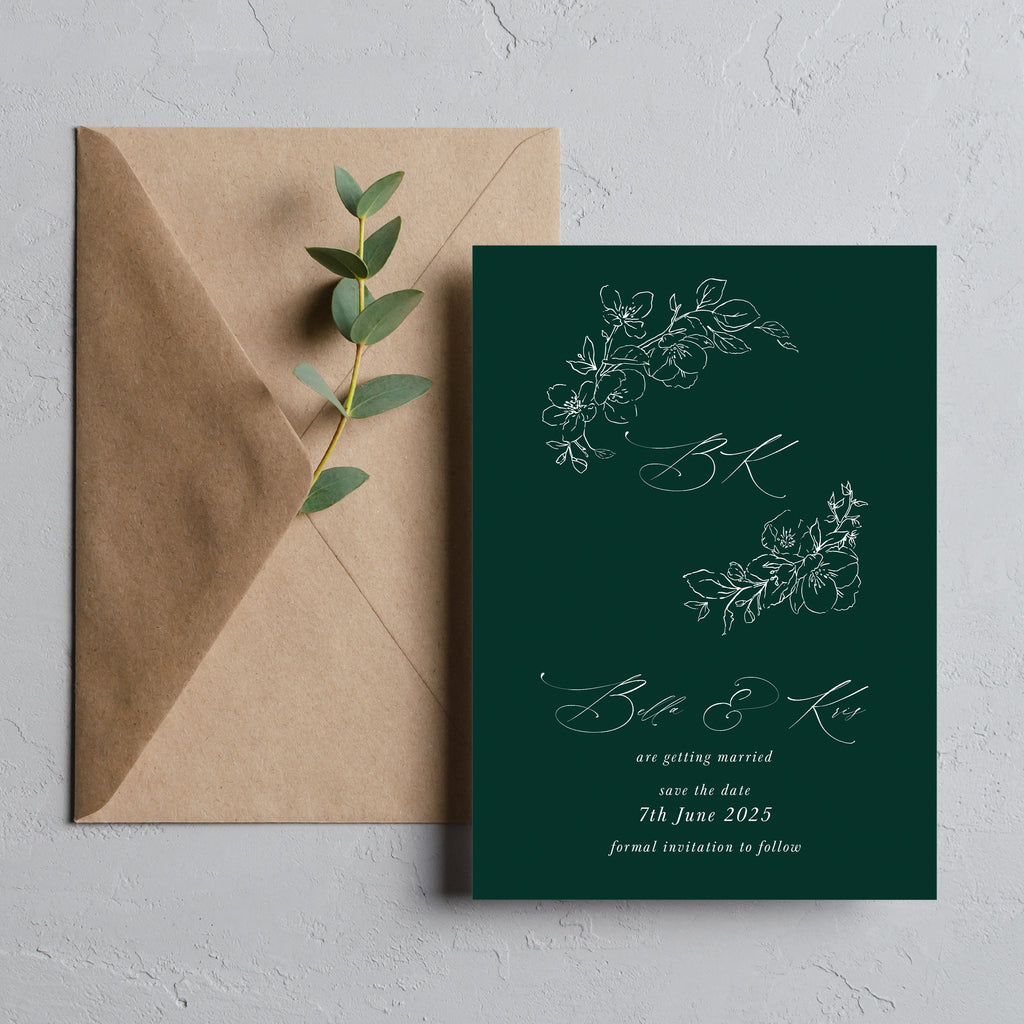 Dark green blossom save the date cards BLSM100b