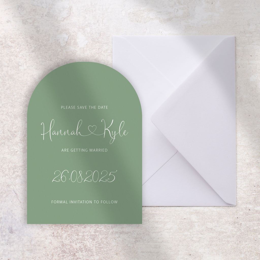Green arch save the date card Hannah