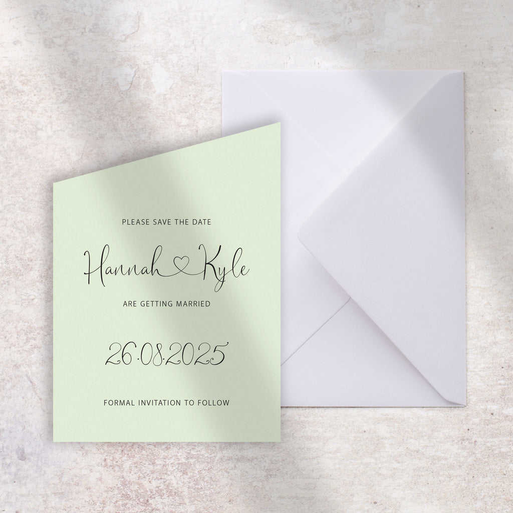 Green angled save the date card Hannah