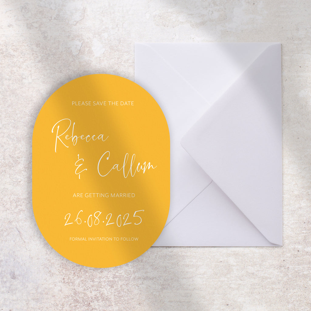 Yellow oval save the date card Rebecca