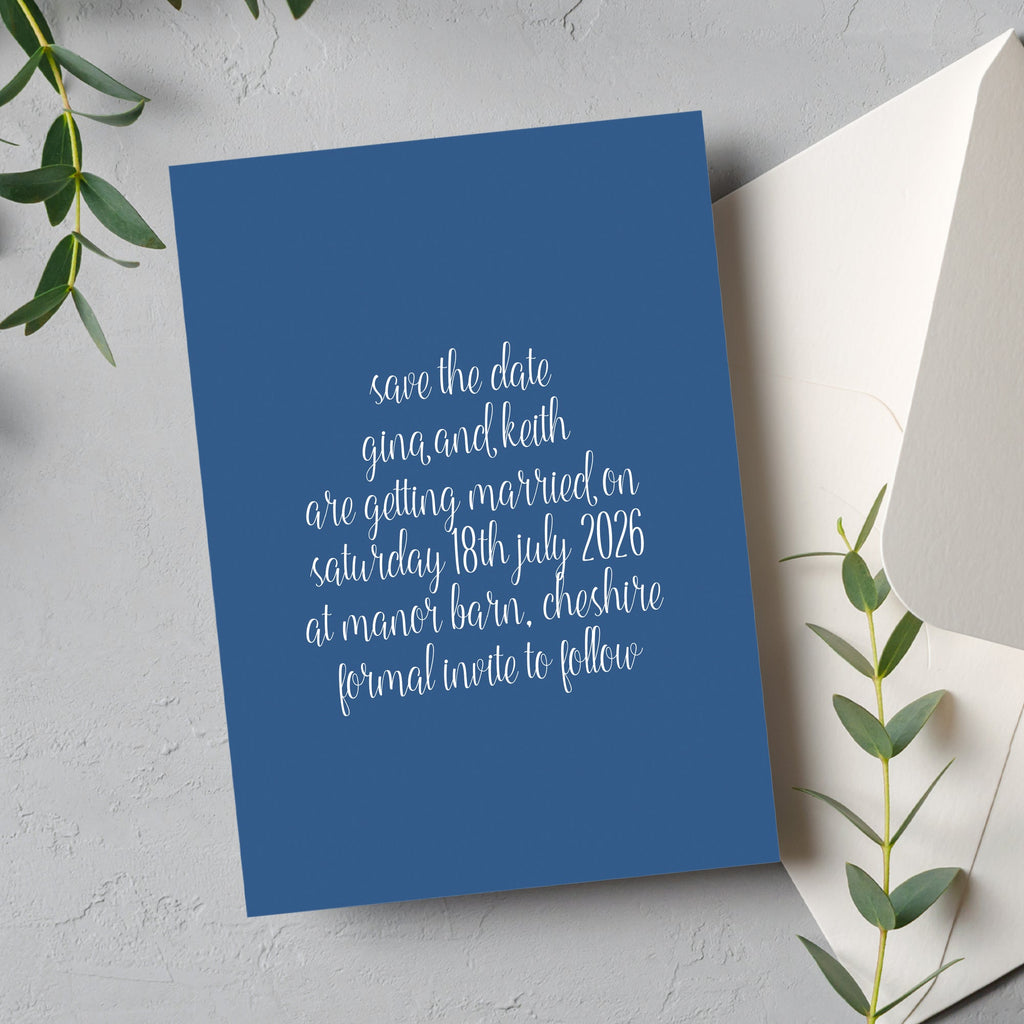 Blue unusual save the date cards Gina