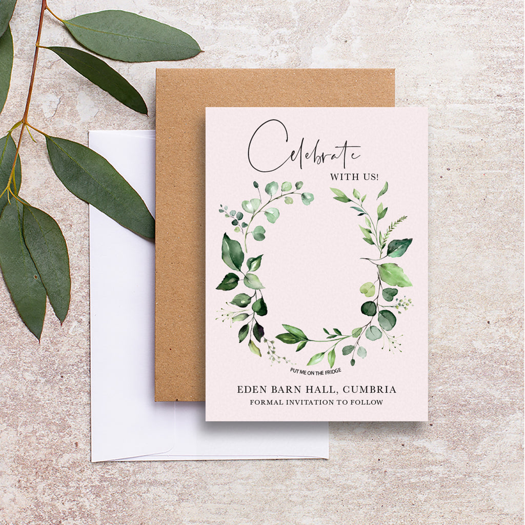 Evergreen save the date backing cards