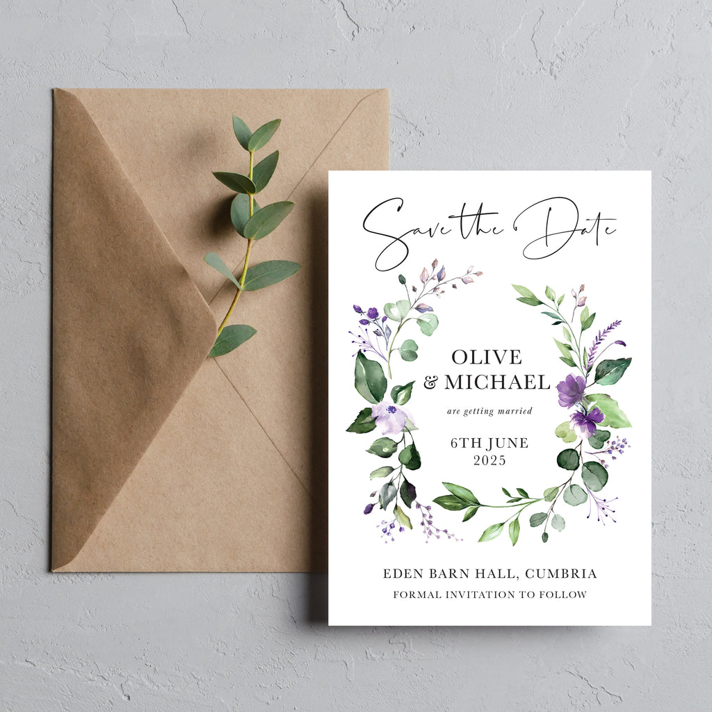 Purple floral wreath save the date backing cards PPEVG101a