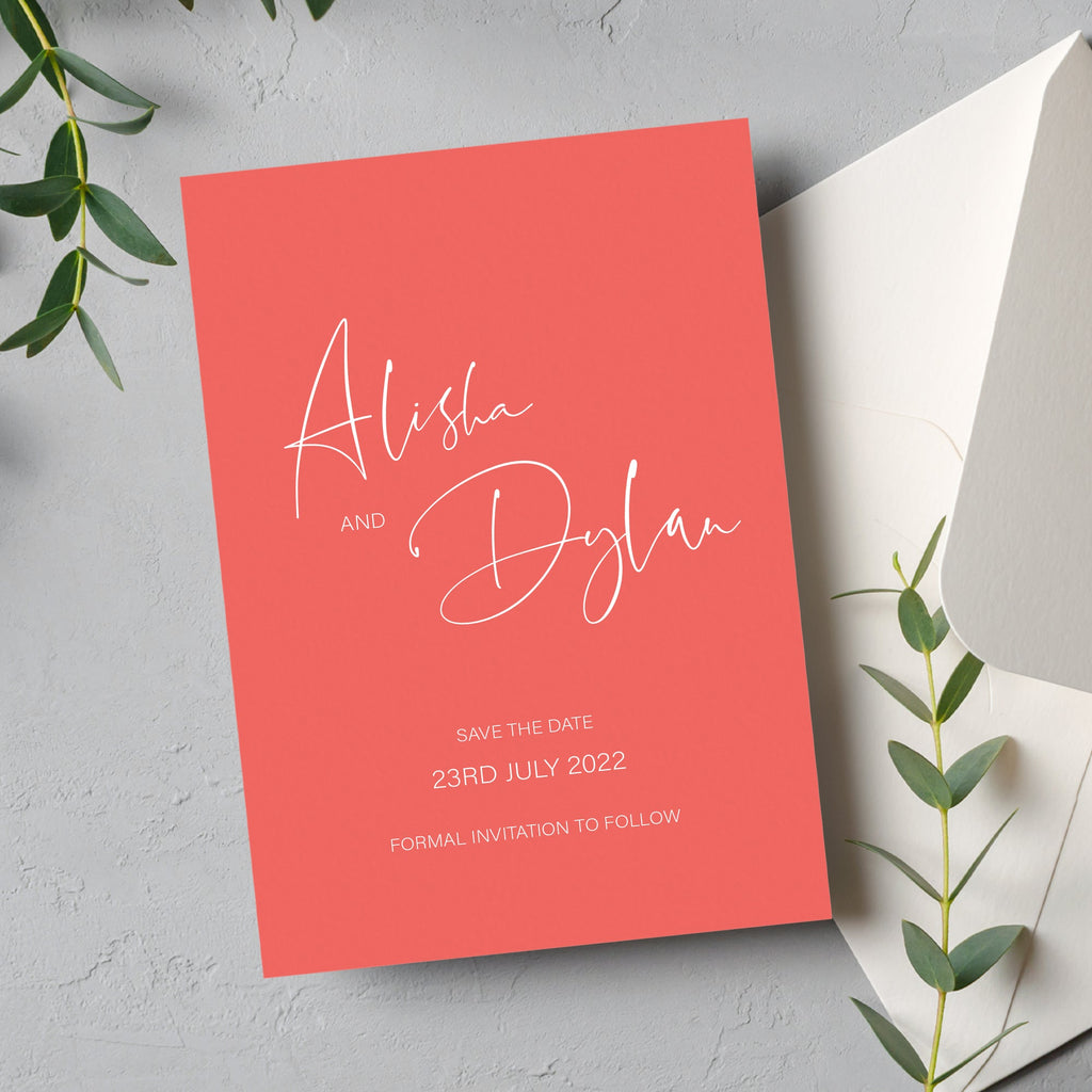 Coral script save the date card Alisha