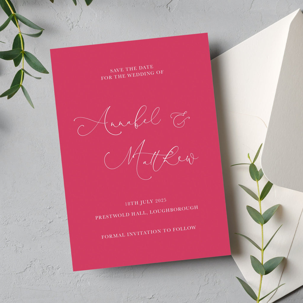 Pink script save the date card Annabel