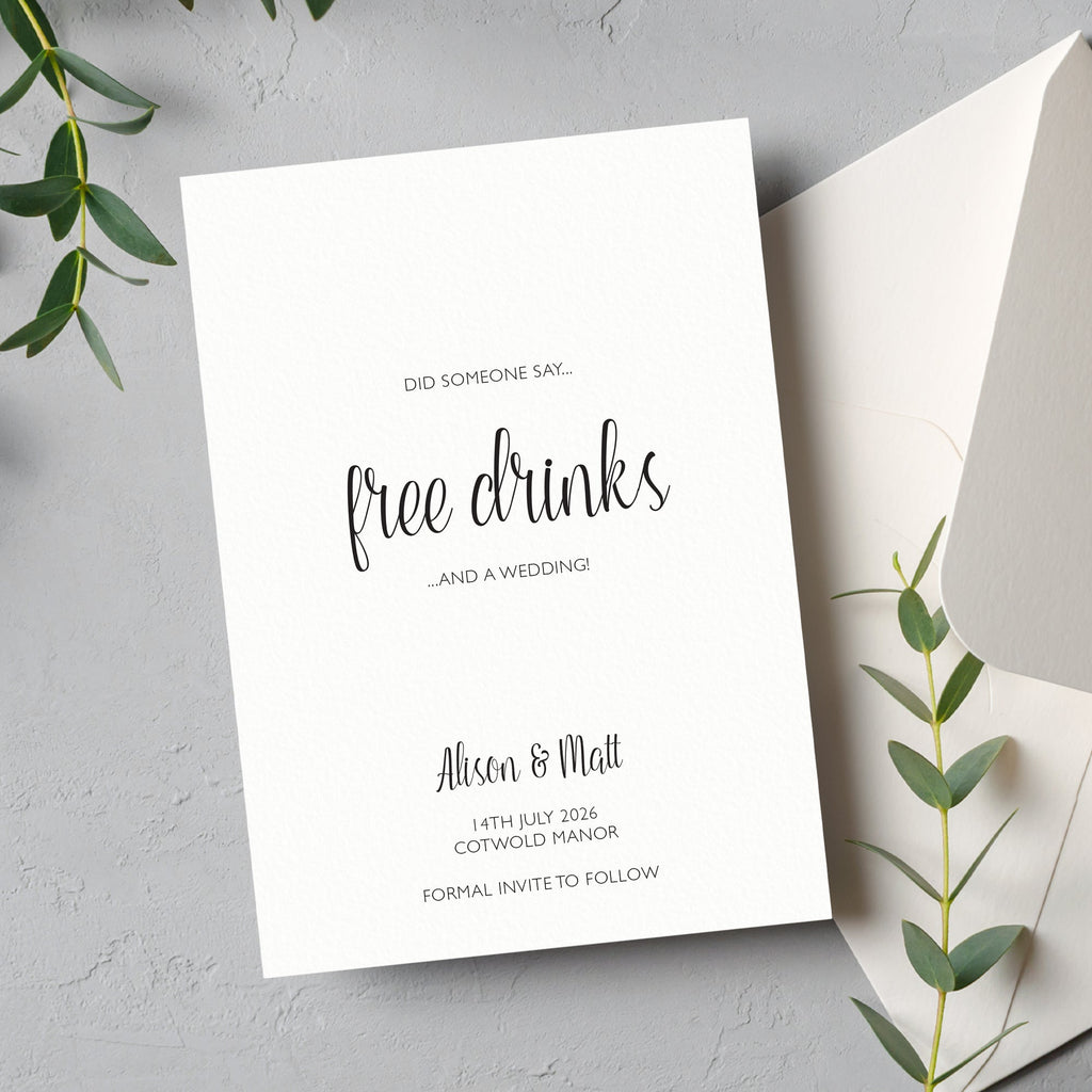 Free drinks save the date card Gina