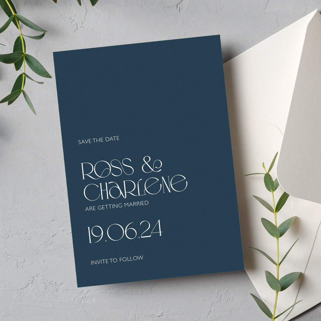 Blue modern save the date card Charlene