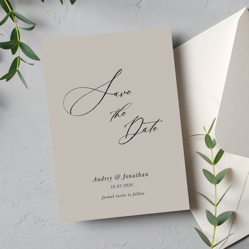 Calligraphy save the date card Audrey