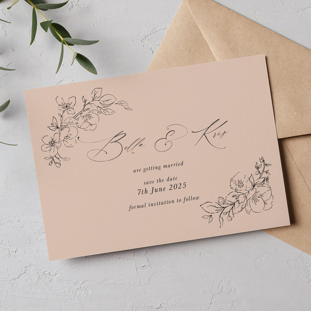 Nude blossom calligraphy save the date card Blossom