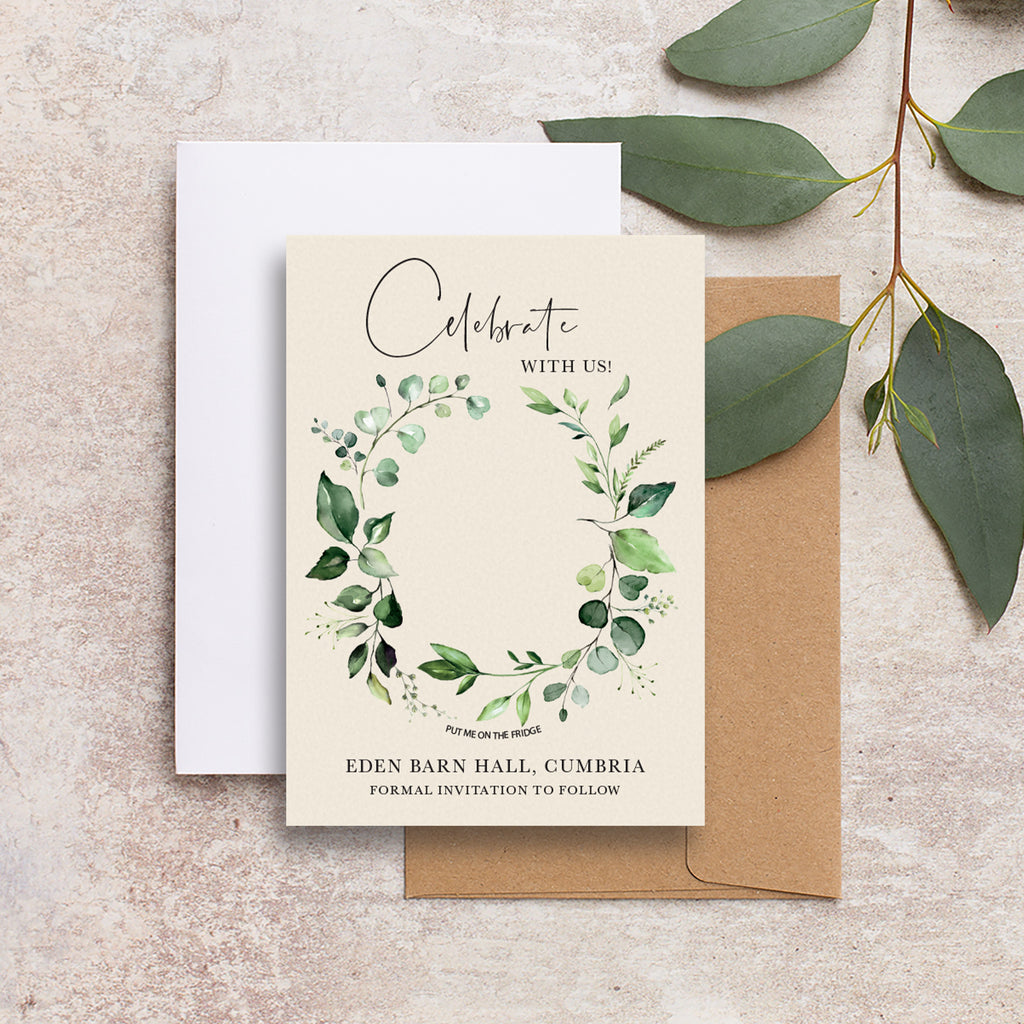 Evergreen save the date backing cards