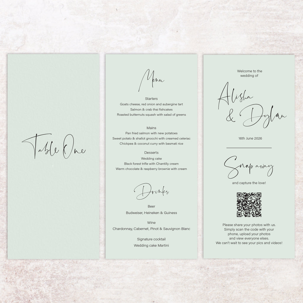 Alisha trifold table number, menu, thank you sign