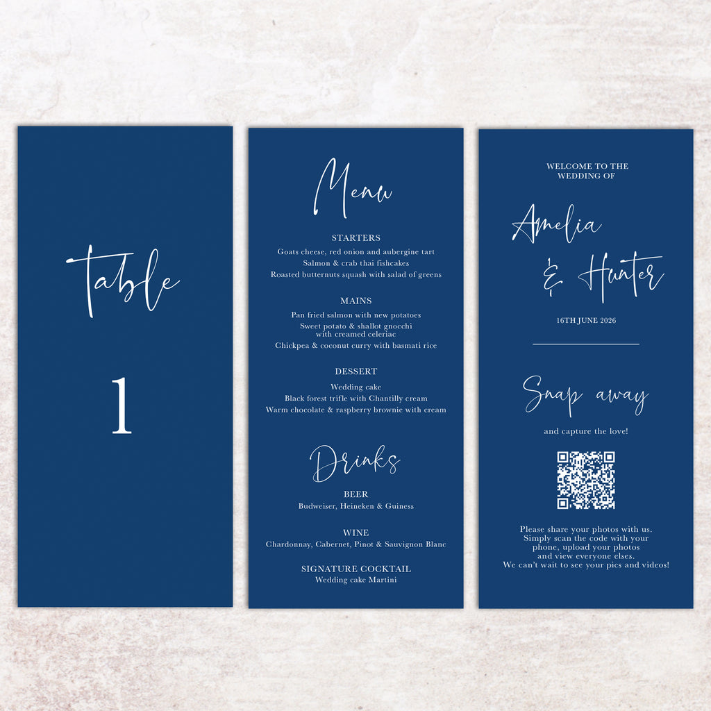 Amelia trifold table number, menu, thank you sign