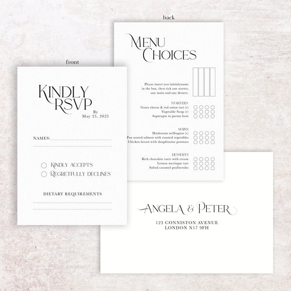 Angela RSVP menu card and envelope – NIVI Design