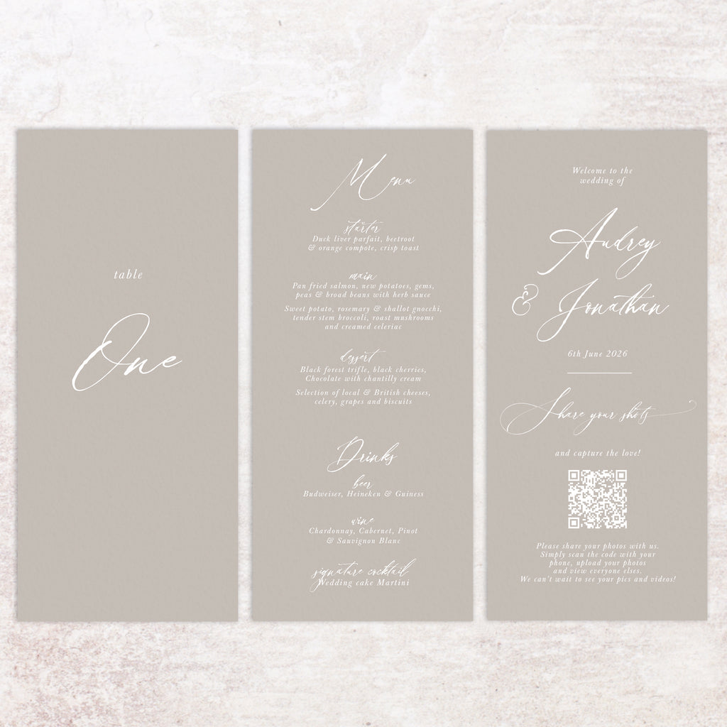 Audrey trifold table number, menu, thank you sign