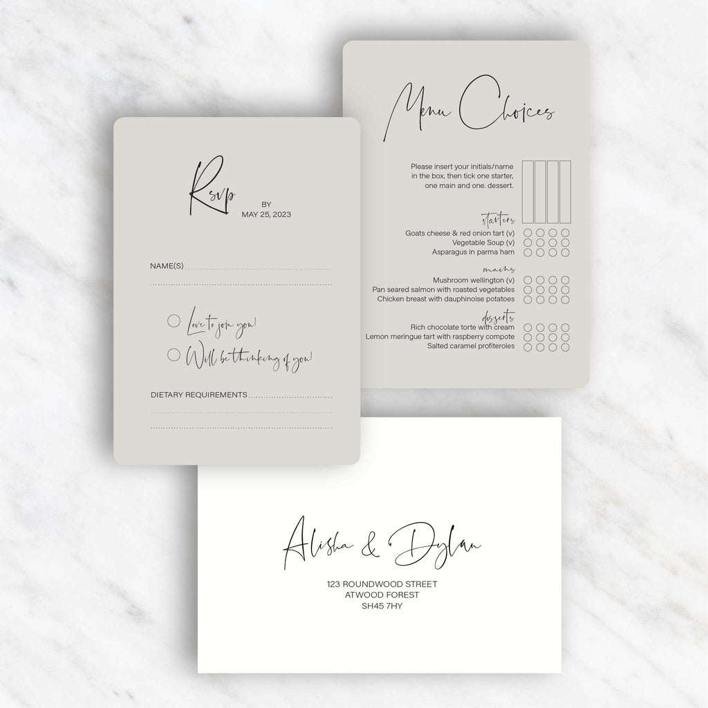 Alisha RSVP menu card and envelope