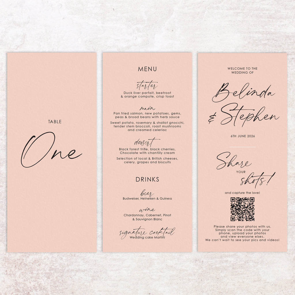 Belinda trifold table number, menu, thank you sign
