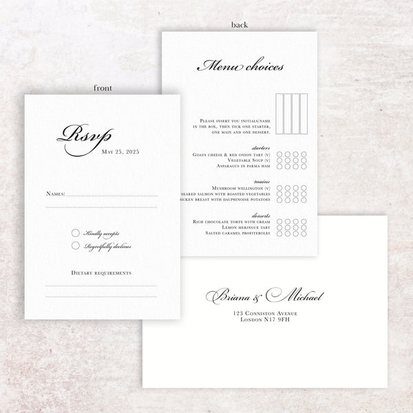 Brianna RSVP menu card and envelope – NIVI Design