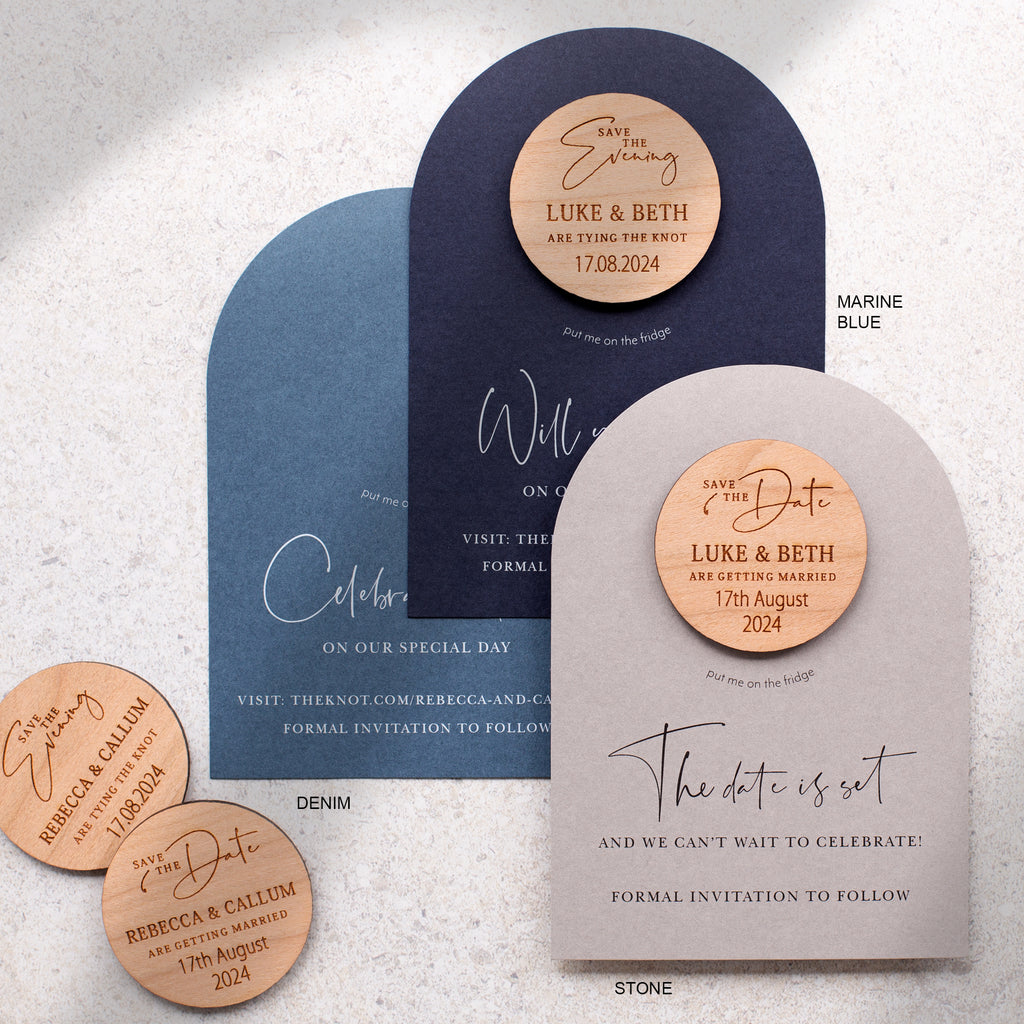 Blue arched save the date magnet