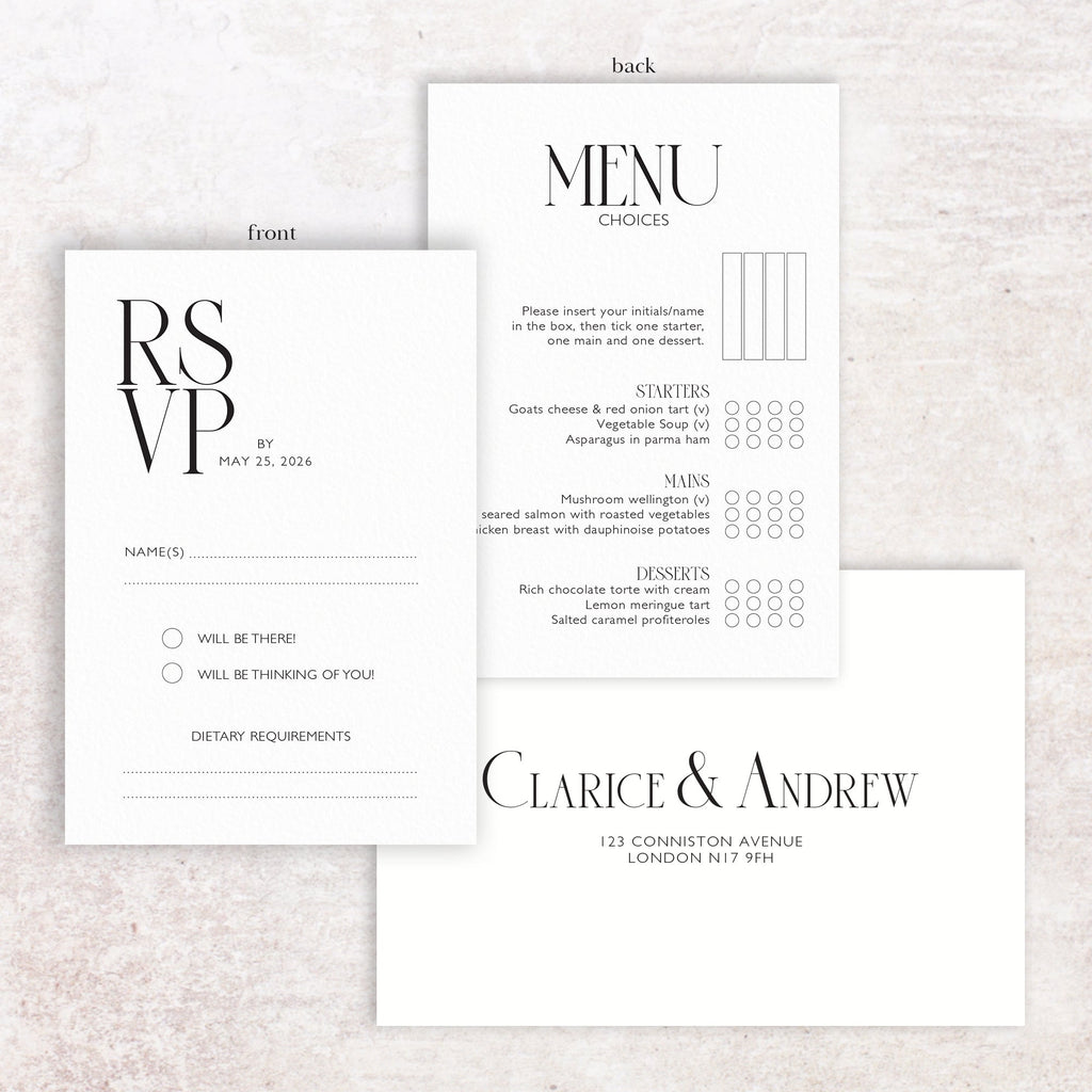 Clarice RSVP menu card and envelope