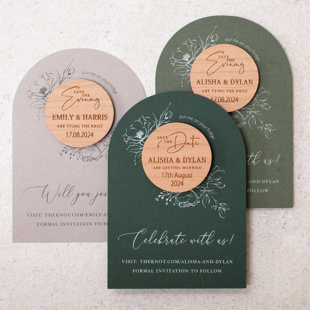 Sage green floral arched save the date magnet