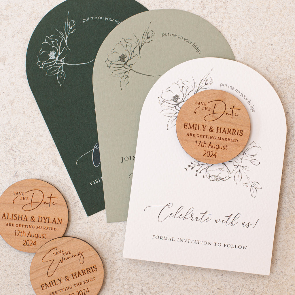 Sage green floral arched save the date magnet