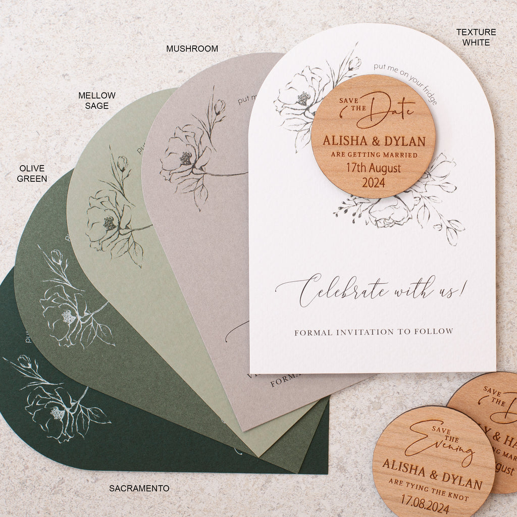 Sage green floral arched save the date magnet