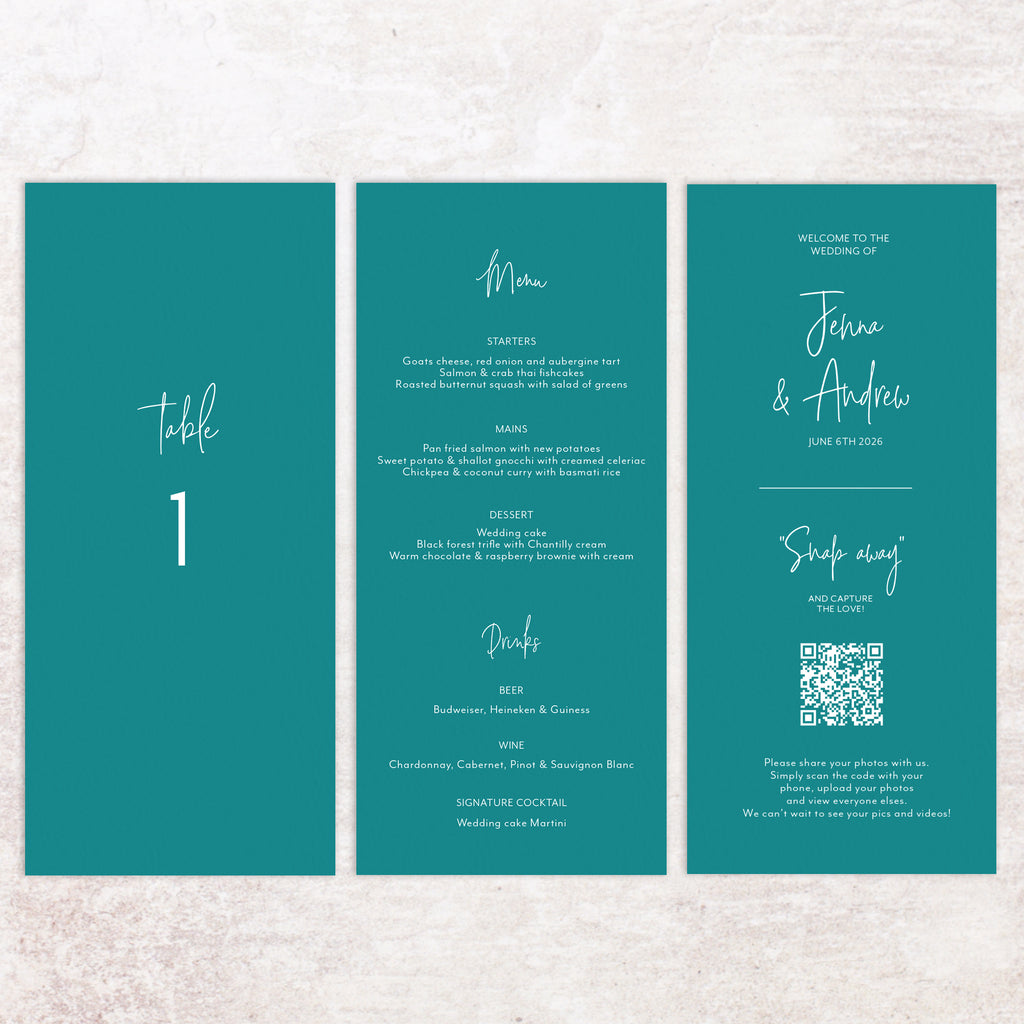 Jenna trifold table number, menu, thank you sign