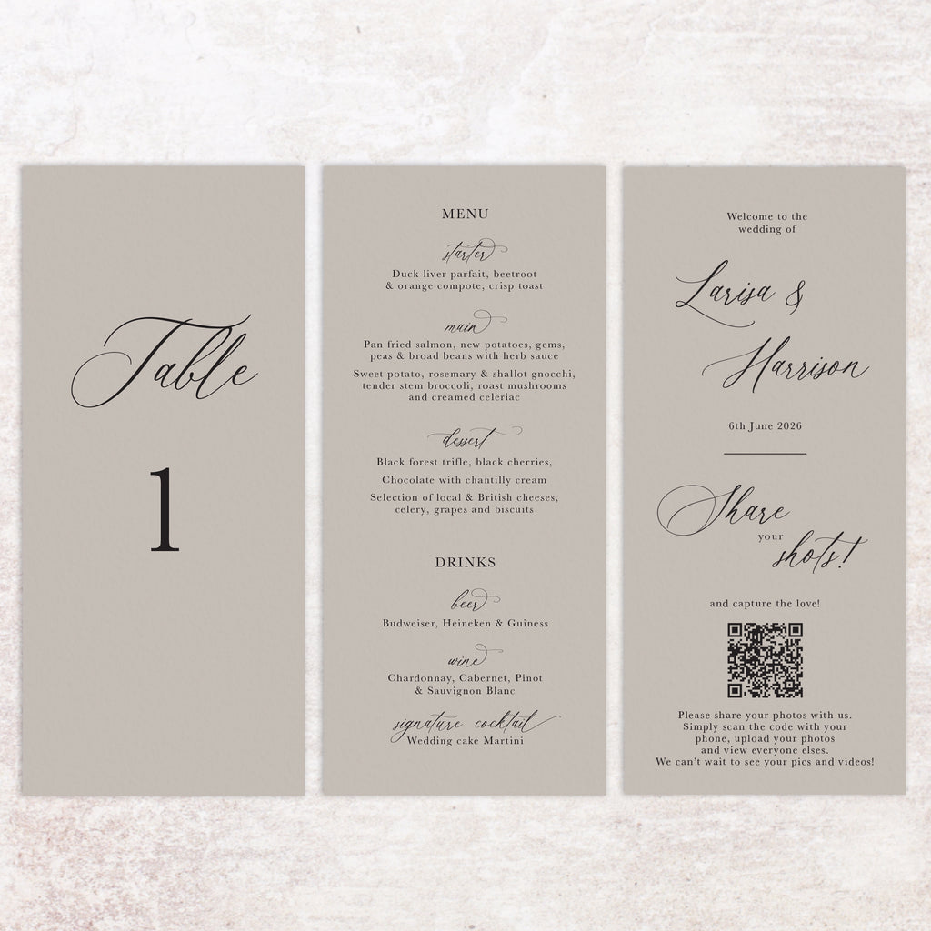 Larisa trifold table number, menu, thank you sign