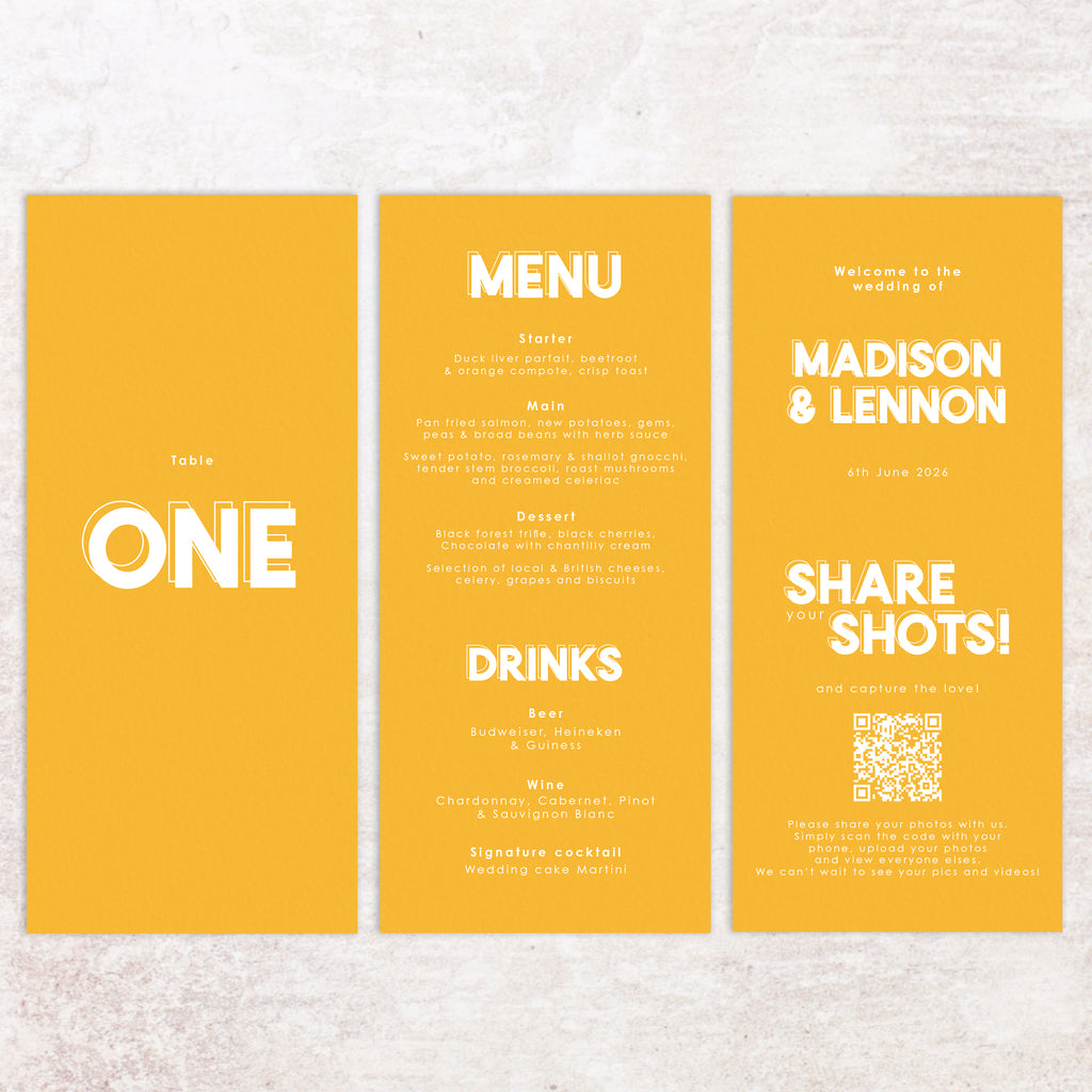 Madison trifold table number, menu, thank you sign