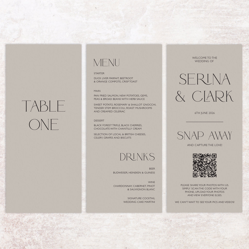 Serina trifold table number, menu, thank you sign