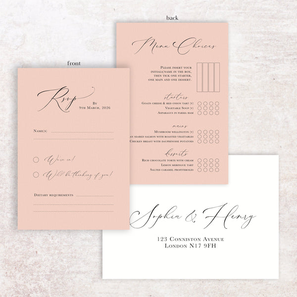 Sophia RSVP menu card and envelope – NIVI Design