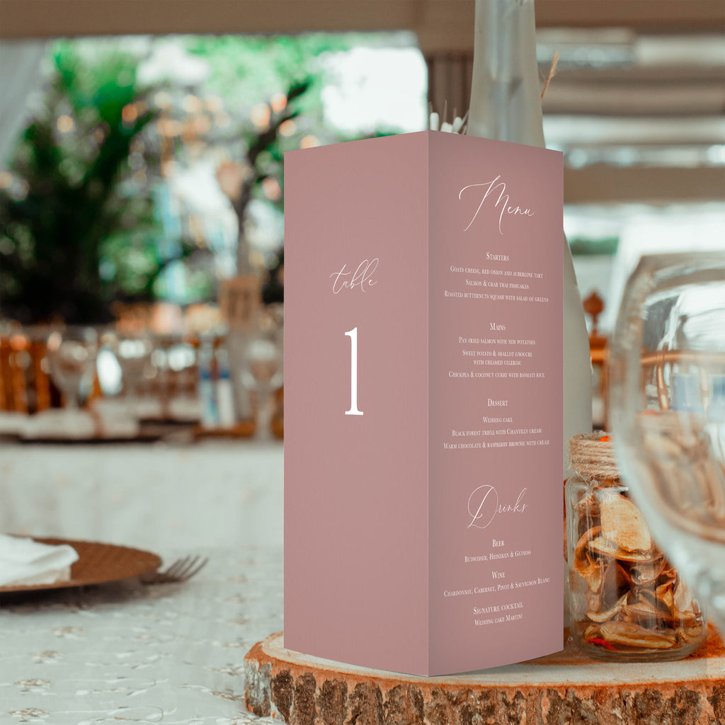Sophia trifold table number, menu, thank you sign