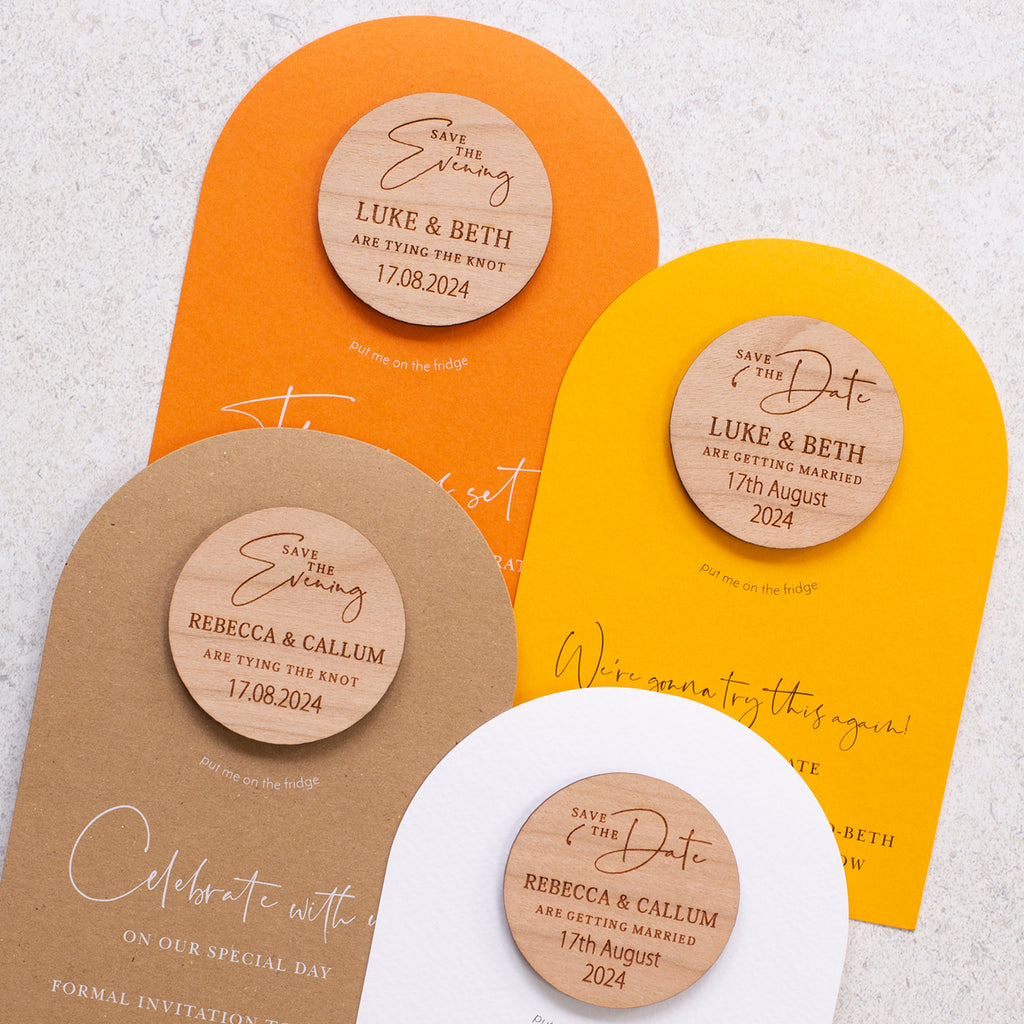 Yellow arched save the date magnets
