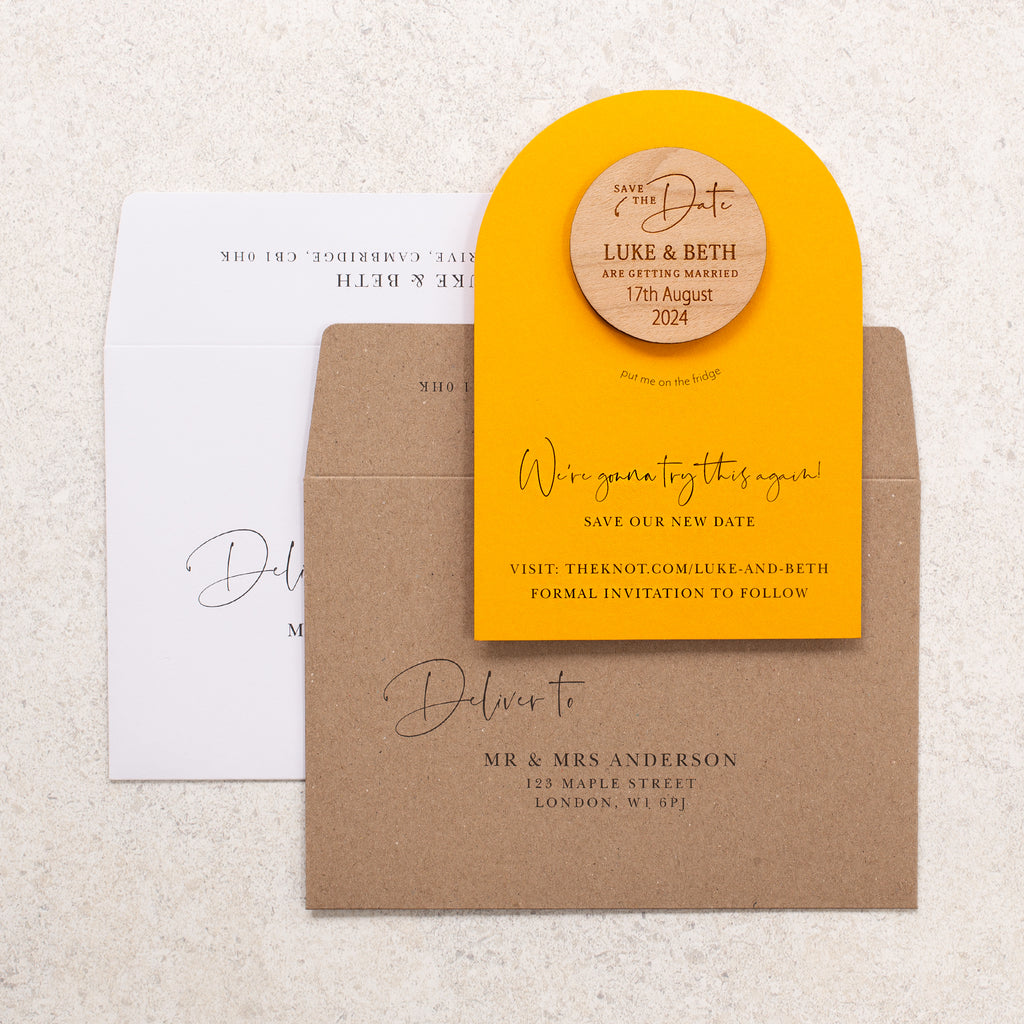 Yellow arched save the date magnets