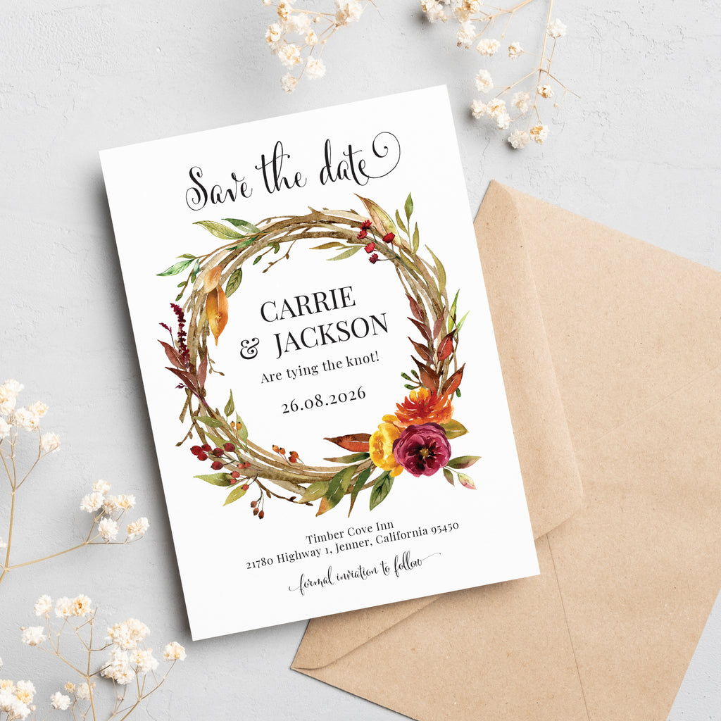 Fall wreath save the date cards FLWTH100a