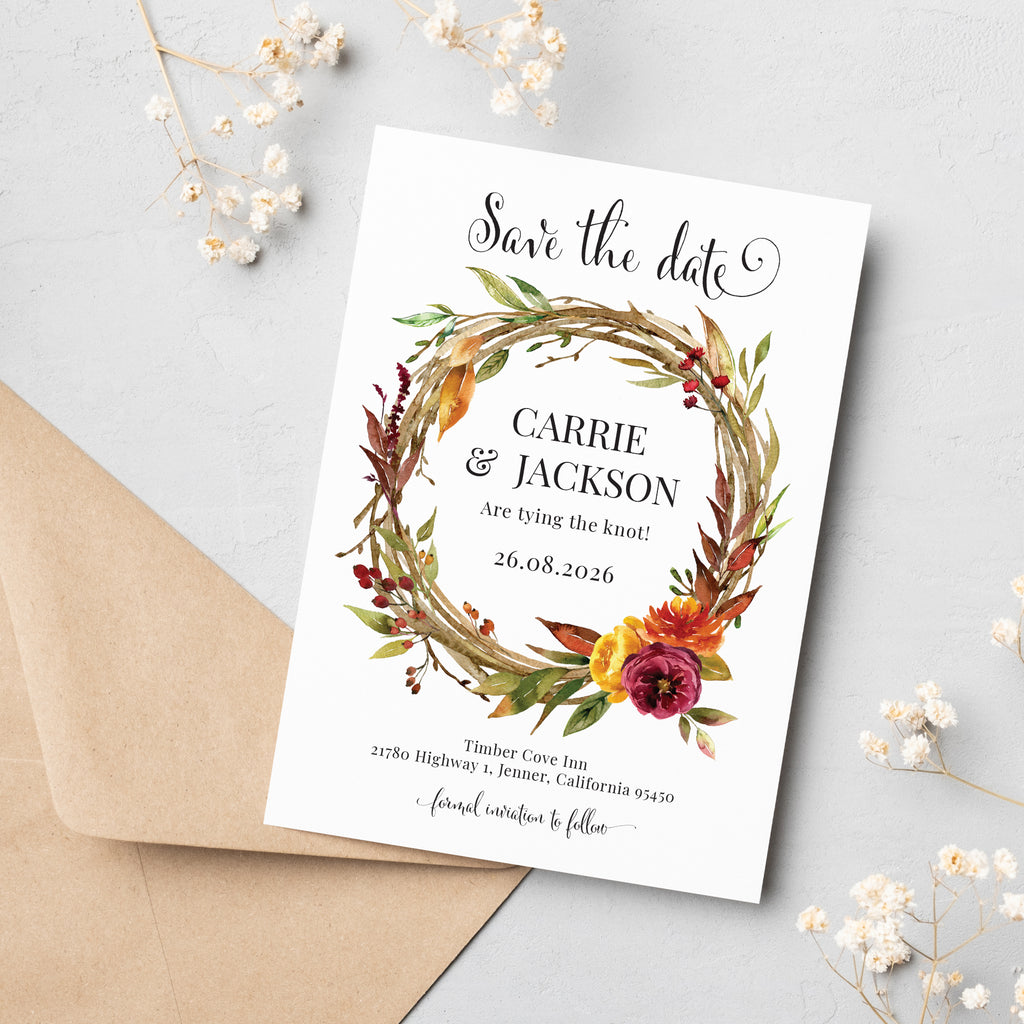 Fall wreath save the date cards FLWTH100a