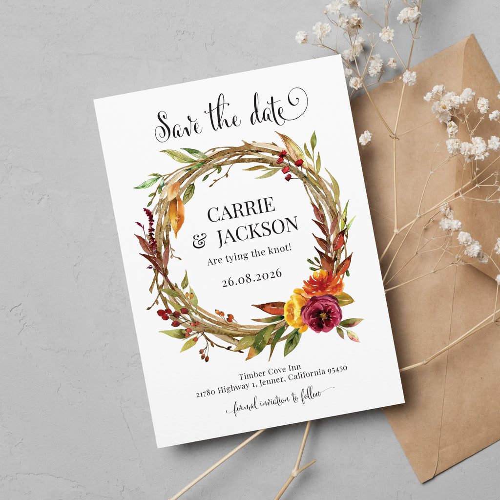 Fall wreath save the date cards FLWTH100a