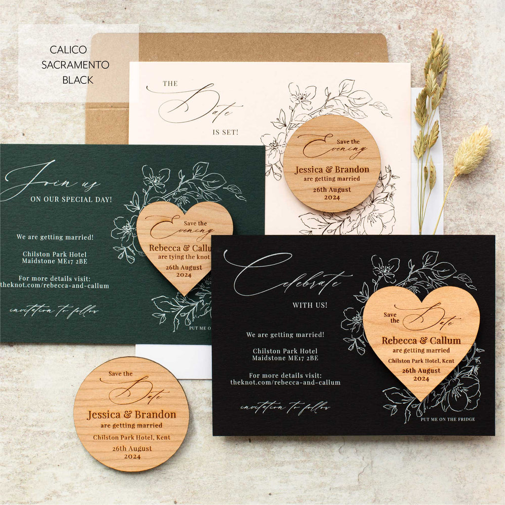 Black Classic Save The Date Magnets With Luxury Blossom Cards