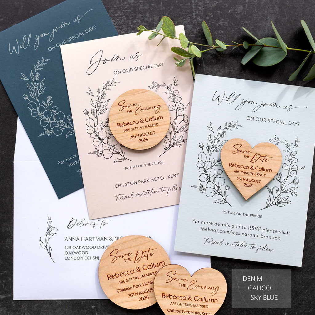 Modern Save The Date Magnets With Eucalyptus Pink Cards