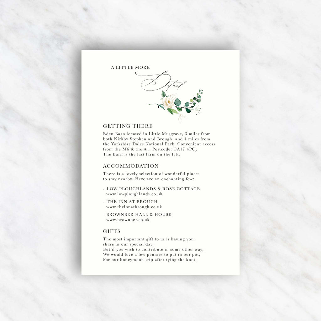 White Floral Evergreen Information card